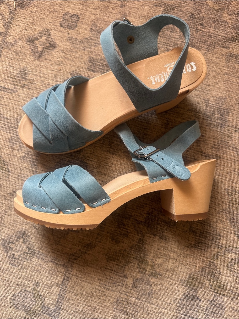 Sandgrens Rio Grande Sandal Clog Blue Women's 6 - 6.5 Leather Wooden Open Toe 37 - Picture 3 of 4